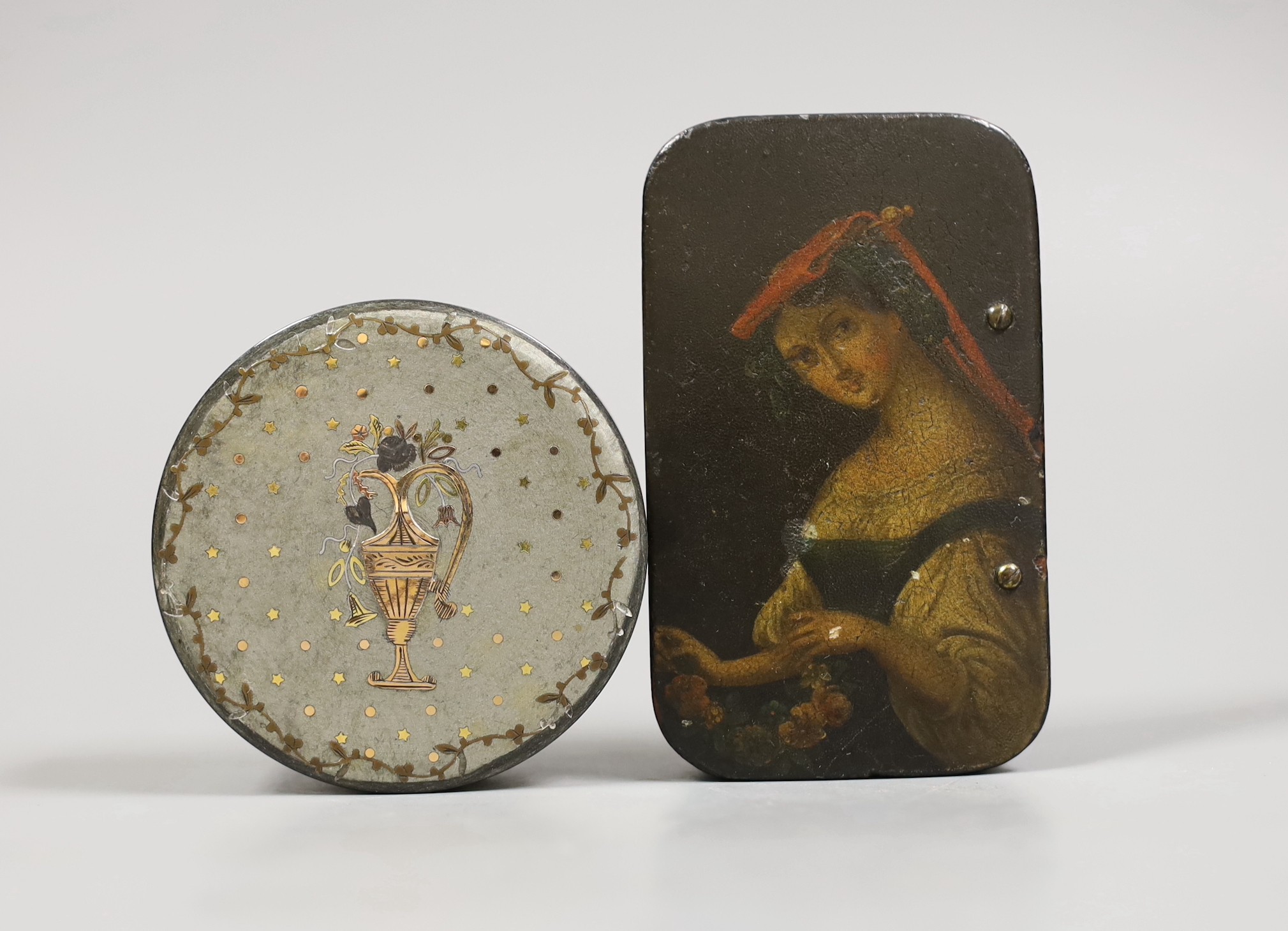 A 19th century painted papier mache snuff box depicting a lady, a yellow metal piquet box and a 9ct marked yellow metal brooch